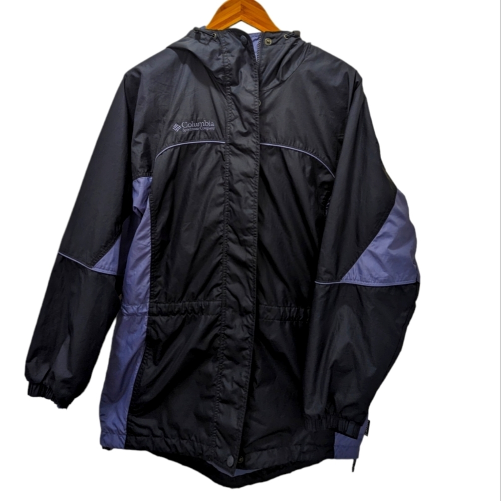 Packable Columbia Zip & Snap Front Mesh Lined Rain Jacket - Lavender & Navy Blue